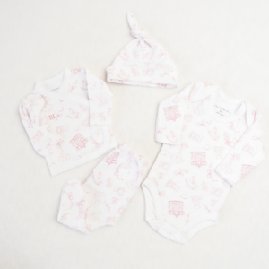 PEQUEÑA BIENVENIDA BABY SET - AJUAR 4 PIEZAS PIMA + CAJA - CARROUSEL BEARS - ROSA VIEJO