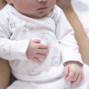 PEQUEÑA BIENVENIDA BABY SET - AJUAR 4 PIEZAS PIMA + CAJA  - LITTLE HORSES - GRIS